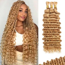 CIFENDIN Human Braiding Hair for Boho Braids 22 Inch 110g Deep Wave Boho Bulk Human Hair for Braiding Knotless 12A Wet and Wavy Bohemian 3 Bundles/Pack Curly Braids Honey Blonde