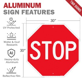 T&R Large Stop Sign Street Road Sign 30 x 30 Inches. Engineer Grade Reflective Sheeting, Rust Free Aluminum, Weather Resistant, Waterproof, Fade Resistant, 2 Pre-drilled Holes