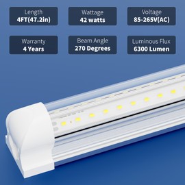 SUSLUM 4-Pack T8 LED Shop Light 4FT, 42W 6300 Lumen 6000K Cool White, 4 Years Warranty, Linkable and Plug and Play Lights for Garage Ceiling Workshop Commercial Lighting