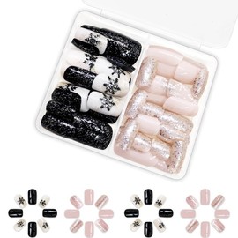 BABALAL Christmas Press on Nails Short Square, 2 Packs 48Pcs Black White Fake Nails with Cute Snowflake Glitter Design Glossy Bling Acrylic Nails Full Cover Stick on Nails for Women Nail Art DIY