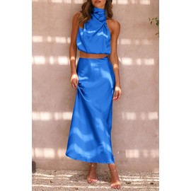 PRETTYGARDEN Women's 2 Piece Satin Outfits Summer Sleeveless Mock Neck Crop Tops and Long Skirt Dress Sets (Brilliant Blue,Medium)