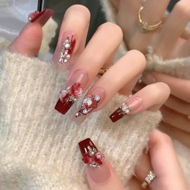 Hkanlre 3D Press on Nails Medium Fake Coffin Nails Tips Full Cover Luxury False Nails for Women and Girls 24PCS