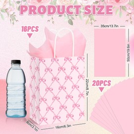 FYSUIMU 16 Pcs Pink Bow Paper Gift Bags Coquette Bowknot Plaid Party Favor Bags with Handle Goodie Candy Treat Bag with Tissue Paper for Birthday Baby Shower Bachelorette