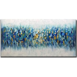 AMEI Art Paintings,24x48Inch 3D Hand Painted on Canvas Teal Blue Rhapsody Abstract Paintings Seascape Artwork Simple Modern Home Decor Textured Oil Painting Stretched and Framed Ready to Hang