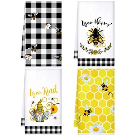 Kajaia 4 Paños de Cocina con Abeja y Girasol Paños de Gnomo de Abeja de Verano de Limón Toallas de Mano de Sol Toallas a Cuadros Absorbentes para Hogar Baño Regalos de Inauguración de Casa (Abeja)