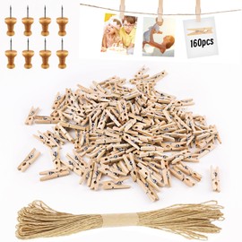 Hengxinc Pack of 168 Mini Wooden Pegs Small Mini Clothes Pegs Wedding Small Wooden Pegs for Polaroid Photos with 10 m Jute String DIY for Photo Wall Display Party (Natural)