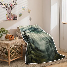 Forest Blanket, Misty Forest Fleece Blanket, Soft, Warm, Nature Mountain Throw Blanket Forest Trees Art Throw Blanket for Couch Bedroom Living Room 50X60 Inch