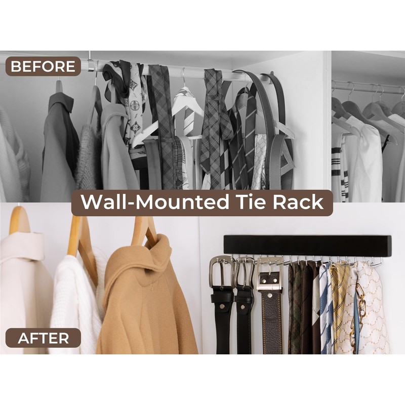StorageWorks Tie Rack with 20 Hooks, 2-Pack Wall-Mounted Wooden Hangers