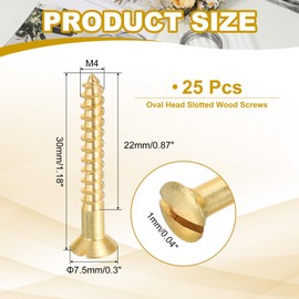 PATIKIL M4 x 30mm Slotted Wood Screw, 25 Pack Solid Brass Oval Head Flat Head Self Tapping Screws for Wood Furniture Connecting, Gold Tone