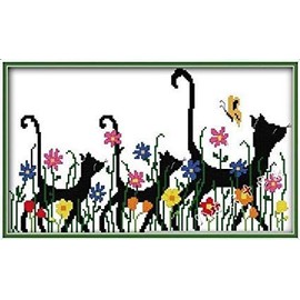 Happy Forever Cross Stitch Kits 11CT Stamped Patterns for Kids and Adults, DIY Preprinted Embroidery kit for Beginner, Cute Animals Cat (D206 go for a Walk, Size 17''x11'')