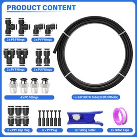 TAILONZ PNEUMATIC Black 3/8 Inch OD 10 Meter 32.8ft PU Polyurethane Air Tubing Kit Pipe Hose Air Line Tubing Air Hose Fittings Push to Connect Fittings(27PCS)