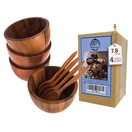 BestySuperStore Set of 4 Small Round Acacia Wooden Bowls 4 Inch Diameter With Spoons - Stackable Mixing Bowl for Salad Soup Snack Salsa Dip Sauce Charcuterie Wood Tableware Sets for Decor and Serving