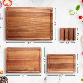 Acacia Wood Cutting Board，Solid Wood Cutting Board for Kitchen with Holder with Deep Juice Grooves & Built-in Handles, Durable Wooden Chopping Board Set of 3 for Meat, Vegetables and Fruits