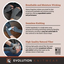 Evolution Knitwear Alpaca Cable Knit Fingerless Mittens - Super Soft Baby Alpaca - Made in the USA - Small - Grey