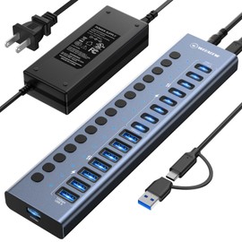 WEEAEEW Powered USB 3.2 Hub, 16 Ports Powered USB Hub with 10Gbps Data Speed, USB Hub (8 USB-A 3.2 Ports+8 USB-C 3.2 Ports) with 96W Power Adapter for PC/Laptop, Computer, Flash Drive, Printer, Camera