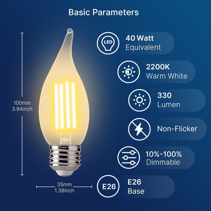 FLSNT CA11 E26 LED Candelabra Bulbs, Dimmable LED Chandelier Light