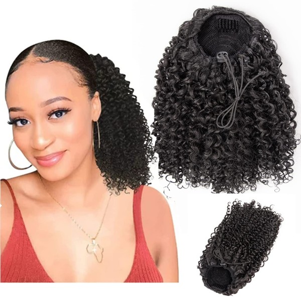 14 Inch Afro Curly Kinky Ponytail Extension Human Hair for Black Women Natural Black Drawstring Ponytail Hair Piece Clip in Top Closure Ponytail Extensions 1B# Natural Black