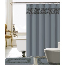 BH Home & Linen 15 Piece Lilian Embroidery Banded Shower Curtain Bath Set (Gray )