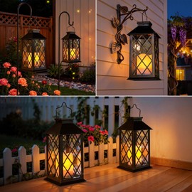 [2 Pack] TAKE ME Black 14" Solar Lanterns Outdoor Waterproof Garden Lanterns LED Candle Lights for Garden Outdoor Decor Mothers Day Gifts