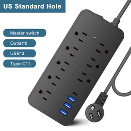 Plug Power Strip Surge Protector, Overload Protection, Fireproof Shell, ETL Listed, 1700J, 2000W/10A, 8 Outlet Wide Spacing with 3*USB Ports 1*Type-C, Flat Plug 5ft Extension Cord, Wall Mountable, For Home Office Garage