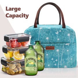 RONAVO Cute Lunchboxes Women Lunch Bag for Work,Insulated Reusable Lunch Bag, Leakproof Cooler Tote Lunch Bag, Travel Lunch Bag (Blue Dandelion)