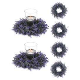 BLOSMON Lavender Wreath Centerpieces for Wedding: 6pcs 13 Inch Diam Purple Lavender Artificial Flowers Candle Rings Wreaths for Table Decoration - Fake Floral Wreath for Home Wall Window Decor
