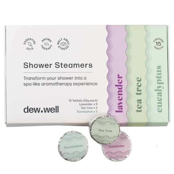 Dew Well - Shower Steamers - 15 Count Shower Bomb - Spa Aromatherapy Right in Your Home - Relax and Unwind - Helps Clear Congestion and Boost Your Mood - Variety Pack (Lavender, Eucalyptus & Tea Tree)
