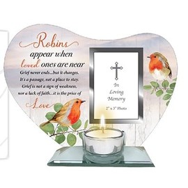 Robins Appear When Loved Ones Are Near Memorial Votive Tea Light Holder with Photo Frame AND Prayer/Wallet Card for Rememerance Of Family and Friends