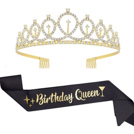 Birthday Queen Sash & Tiara Set,Black Birthday Sash with Gold Letter for Women Birthday Party Supplies,Great Birthday Gifts for Mom/Grandma(Black Gold)