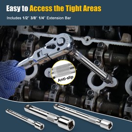 YIYEIE Stubby Flex Head Ratchet Set, 6PCS Stubby Ratchet Set 1/4 3/8 1/2 inch with 3 Extension Bars, 72 Tooth Reversible & Quick-Release, 180° Swivel Head Mini Handle with EVA Foam