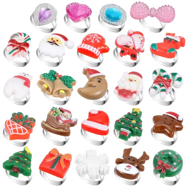 BTHRORO 24 Pieces Christmas Rings for Children, Adjustable Christmas Tree Rings Santa Claus and Elk Festive Rings for Girl Christmas Theme Gift Pretend and Dress Up Games, Metal