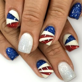 4th of July Press on Nails Short Fake Nails with Red Blue White Stripe Silver Glitter Designs Square Nails Press ons Blue White False Nails Independence Day Stick on Nails for Women 24Pcs