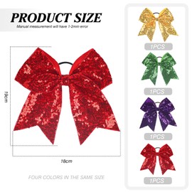 TUUXI 4 Pcs Large Glitter Cheer Hair Bows Sequin Grosgrain Ribbon Ponytail Holder Shiny Elastic Bands Hair Tie for School College Sports Cheerleading Cheerleaders Bows Red Green Purple Gold