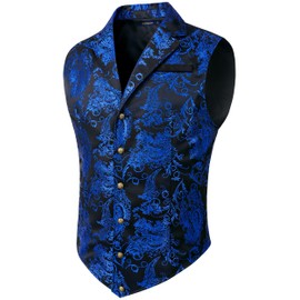 HISDERN Blue Vests for Men Victorian Men's Suit Vest Paisley Steampunk Gothic Men Vest Formal Waistcoat Vest for Suit Tuxedo V-Ncek Party Wedding