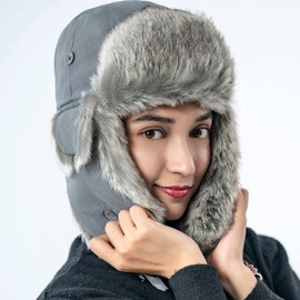 HEYANN Winter Trapper Hat Faux Fur Hat for Men Women Hunting Ski with Ear Flaps Russian Ushanka Eskimo Waterproof (Grey, XL)