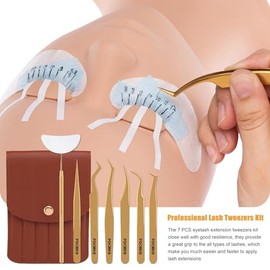 Pinzas de pestañas para extensiones de pestañas, juego profesional de pinzas de pestañas (juego de 7, dorado)                                         