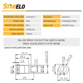 STARELO 5pcs 12mm Latching Push Button Switch Silver Shell with pre-Wiring, IP65 Waterproof Push Button Switch,Stainless Steel 1 Normally Open Without LED.