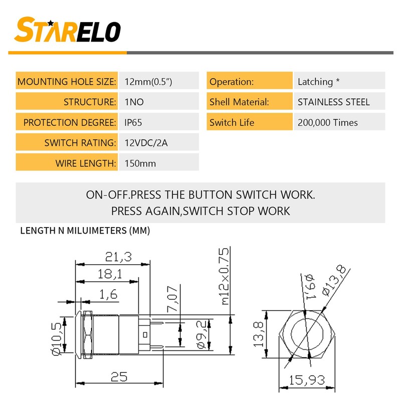 STARELO 5pcs 12mm Latching Push Button Switch Silver Shell with