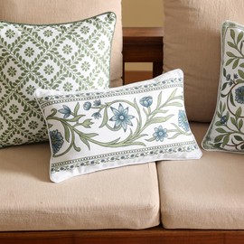 ISAENNE Design Fresh Linen Lumbar Throw Pillow Covers 12"x20" Pack of 2, French White Cottage Cushion Covers with Green Branches Pattern Decoration Pillowcases for Bed,Living Room,Outdoor,Car