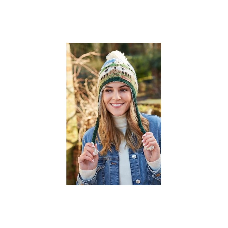 Pachamama Women Wool Bobble Beanie Hat Ear Flaps Handknitted Cute