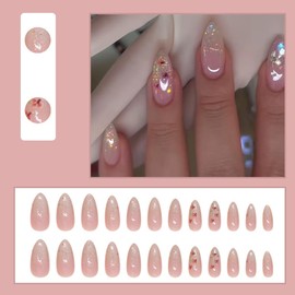 24Pcs Fall Press on Nails Short Almond,LINMEIZAI Glitter French Fake Nails Press ons Nail Tips Kit Glue on Nails Stick on Nails Acrylic False Nails with Flowers Glitter Nail Art Design for Women