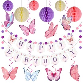 Birthday Decoration, Purple Happy Birthday Banner with Honeycomb Ball, Butterflies Hanging Swirl Streamer, Circle Dot Garland Decoration, Reusable Party Decoration for Women and Girls