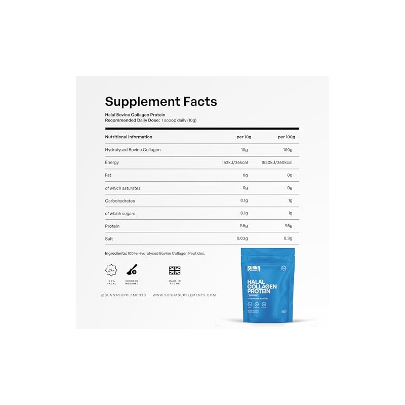 SUNNA SUPPLEMENTS Halal Bovine Collagen Protein Powder - 1500g Unflavoured