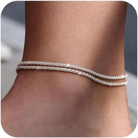 Tasiso Dainty Layered Waterproof Anklet For Women Adjustable Womens Anklet Set Stackable Figaro Beaded Cuban Link Anklets Beach For Summer:_Glitter gold anklet 