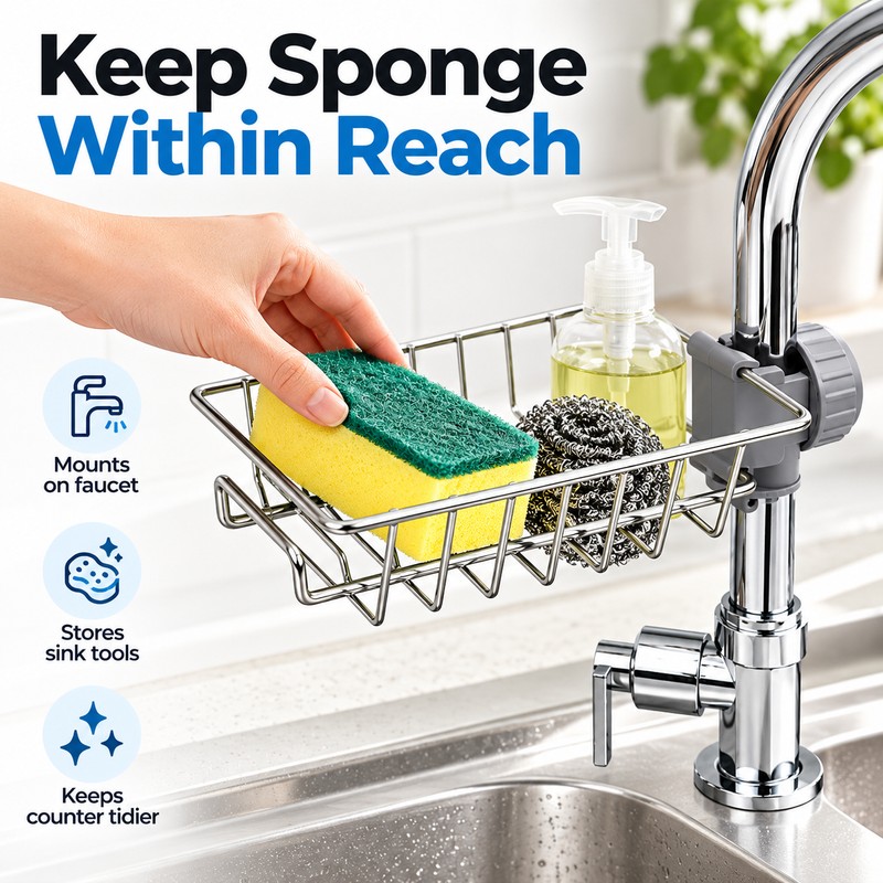 Kitchen Sink Faucet Organizer with Sponge Holder, Drain Rack and