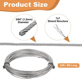 sourcing map 304 Stainless Steel Cable Wire Rope Kit 20FT (6M) Long 3/64" (1.2mm) Dia 7x7 Strand Core Aircraft Cable Marine Grade for Deck Railing System Outdoor Hanging Kit Garden