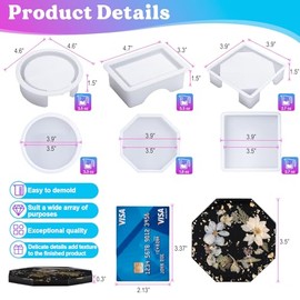 LET'S RESIN 18 piezas de moldes de posavasos de resina de silicona, moldes de posavasos con moldes de soporte de forma redonda, cuadrada y octogonal para resina epoxi, manualidades de arte y tapetes