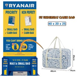 for Ryanair Airlines Cabin Bag 40x20x25 Underseat Foldable Travel Duffel Bag Holdall Tote Carry on Hand Luggage Overnight for Women and Men 20L (Blue Leaf)