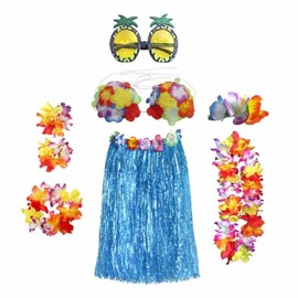 Hawaiian Garlands Hula Costume Accessory Kit - Hula Grass Skirt Lei Flower Lei Luau Garland Pineapple Glasses Necklace Costume Fancy Dress for Kids Girls Women Novelty Luau Skirts - Blue