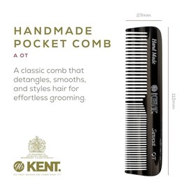 Kent OT Pocket Comb Black and Tortoise - Peine de pelo de dientes finos y anchos hechos a mano para hombres, mujeres y niños, peine de viaje, barba y 